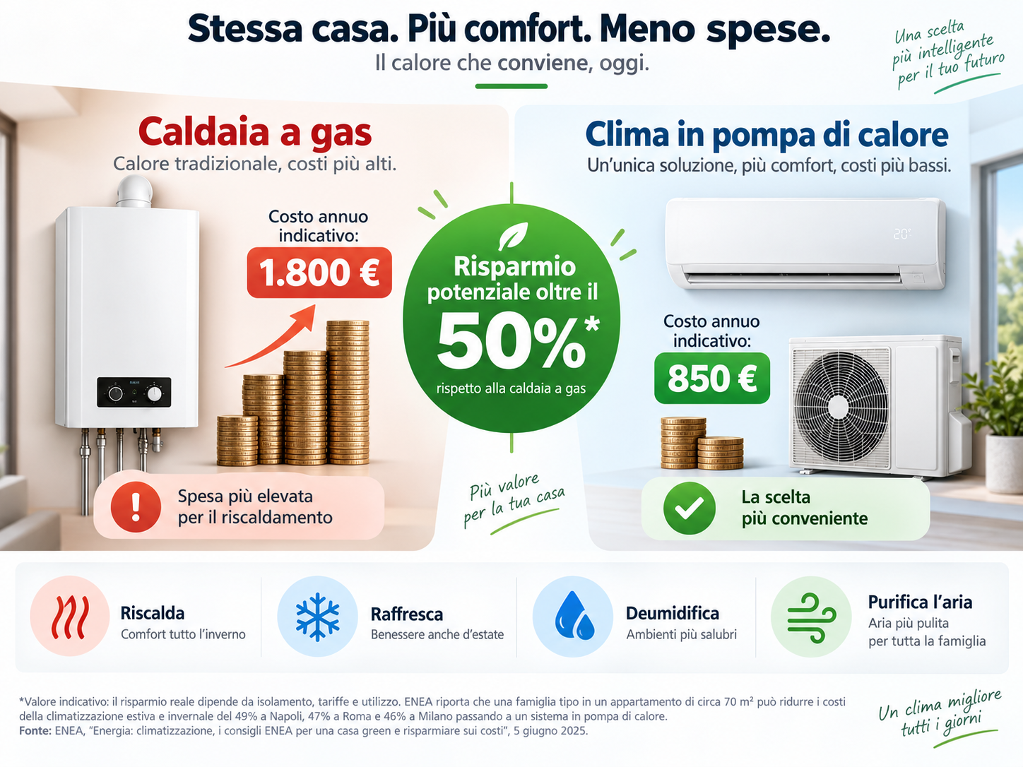 Confronto indicativo tra caldaia a gas e climatizzatore in pompa di calore