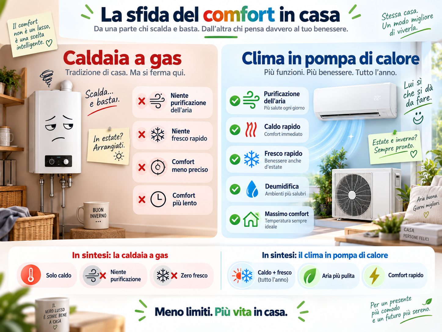 Confronto ironico tra caldaia a gas e climatizzatore in pompa di calore
