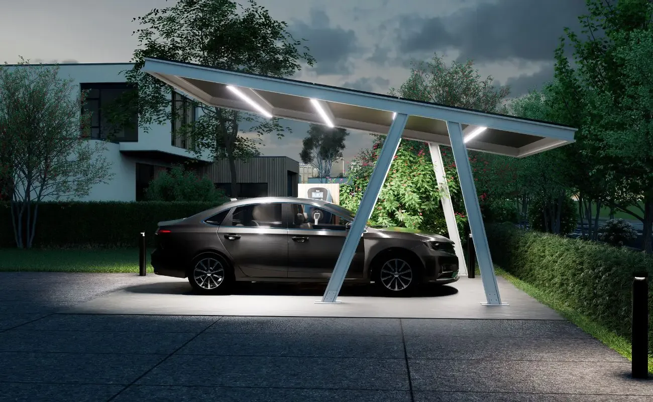 Pensilina fotovoltaica di design con illuminazione LED e auto elettrica