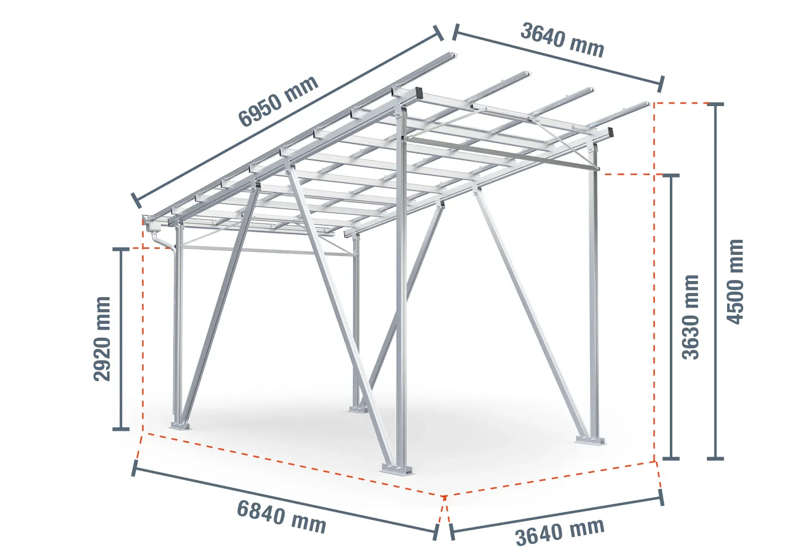 Esempio dimensioni carport fotovoltaico per 12 pannelli da circa 5,8 kWp