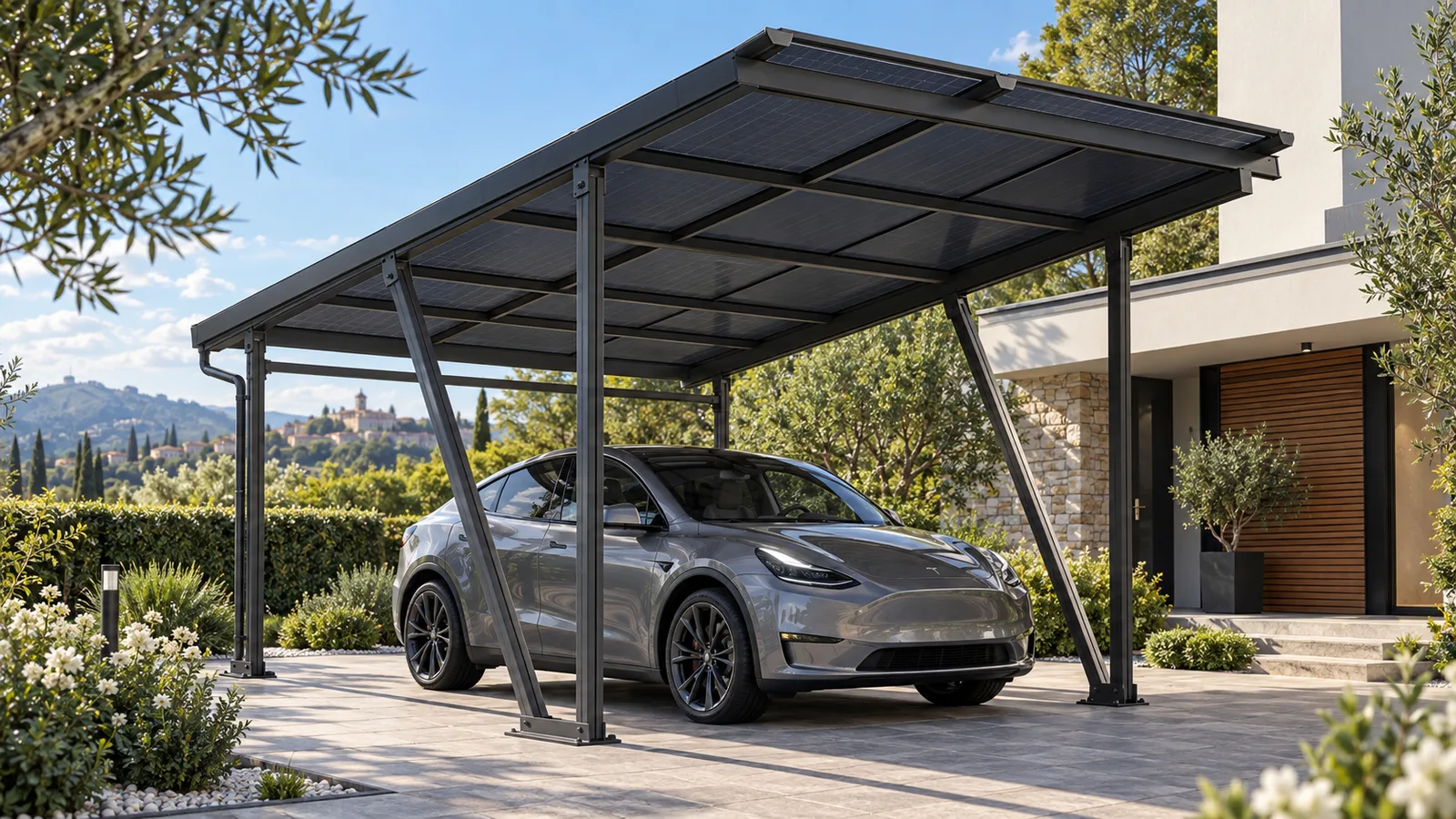 Pensilina fotovoltaica 25 mq con 12 pannelli e auto elettrica in Friuli Venezia Giulia