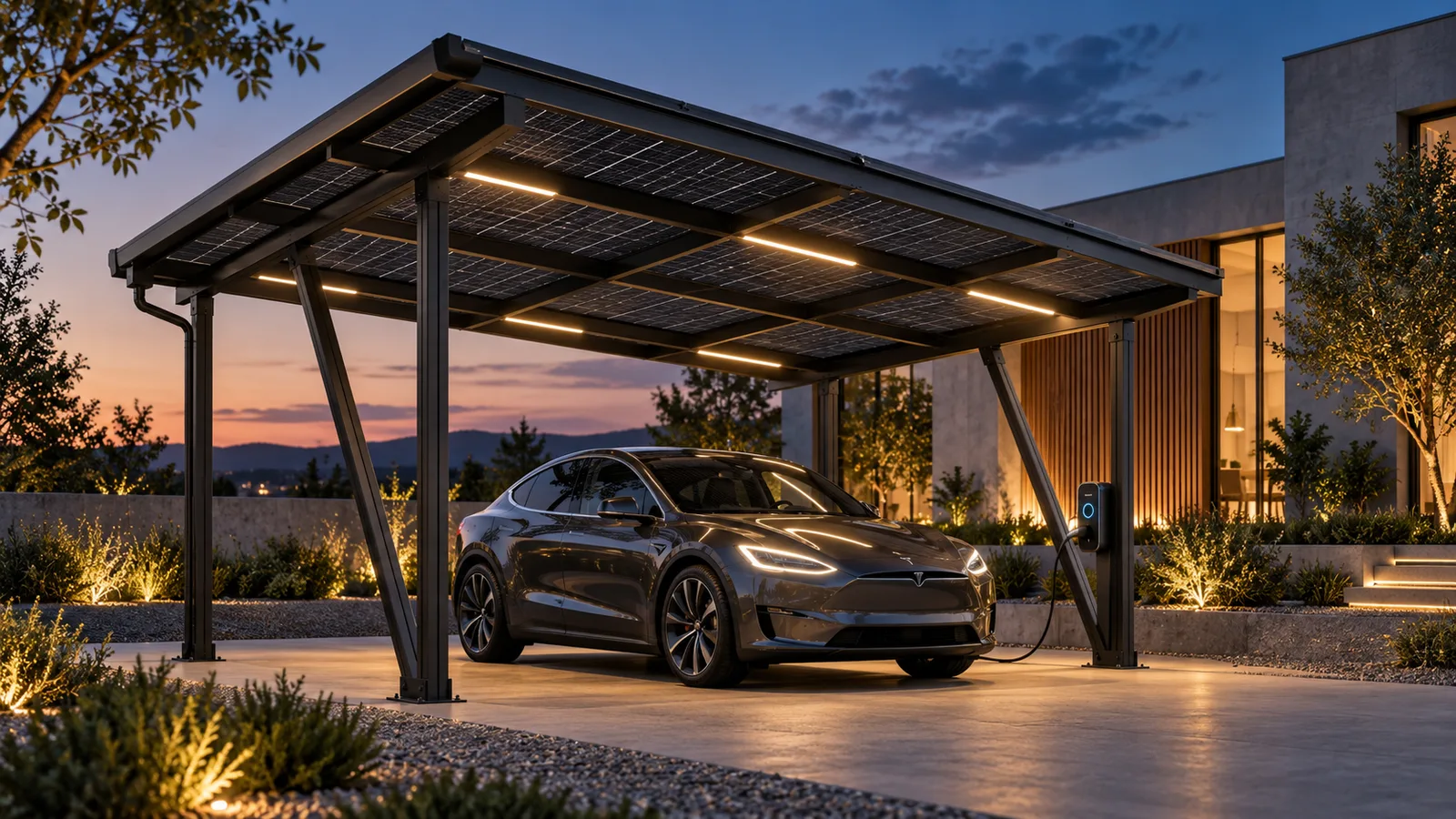 Carport fotovoltaico con batteria e predisposizione per ricarica auto elettrica